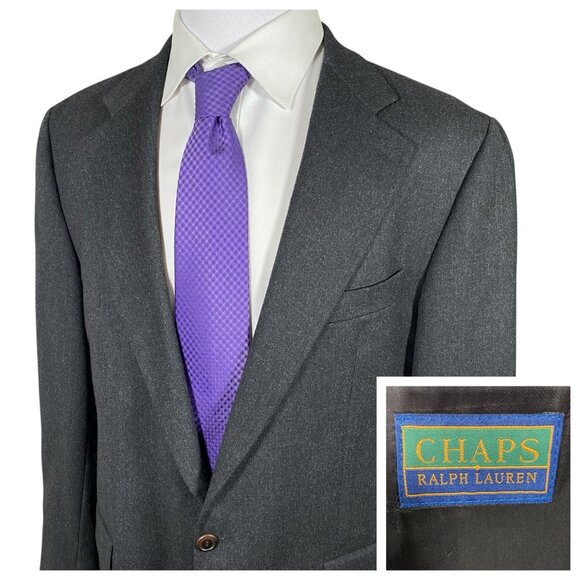 Vintage Chaps Ralph Lauren Sport Coat 44L Charcoal Grey Flannel 100% Wool